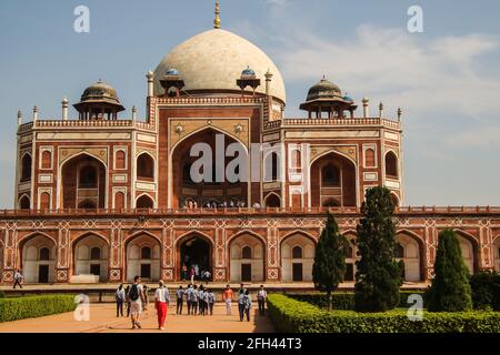 View of the main entrance to Emperor Humayun's Tomb in New Delhi, India. This building is thought to have been the precursor to the Taj Mahal. Stock Photo