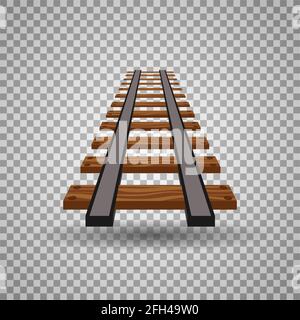 Railway tracks or rail road line on transparent background. Part of straight rail element illustration Stock Vector