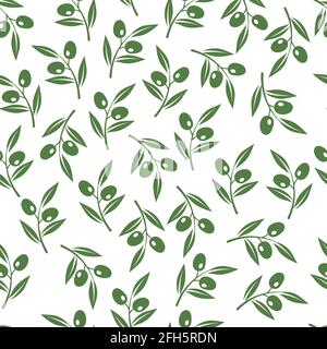 Olive tree branches texture. Vector olives seamless background for oil package. Sprig of olive tree illustration pattern Stock Vector