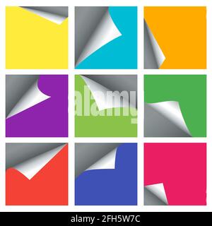 Empty page curled corners vector backgrounds for 3d banners. Set of colored paper sheet with bent corner illustration Stock Vector