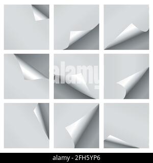 Vector paper curl set. Turn curled empty pages corners. Template brochure with curled corner illustration Stock Vector