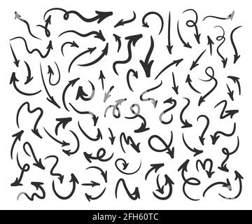 Pen painting arrow set. Vector drawing arrows isolated on white background. Black curl arrows illustration Stock Vector