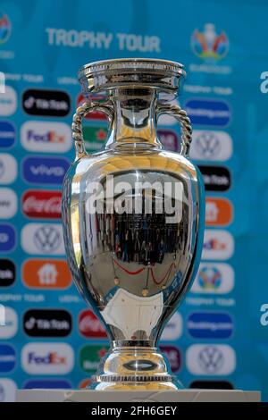 Bucharest, Romania. 25th Apr, 2021. The EURO 2020 soccer tournament trophy is seen during a presentation in Bucharest, Romania, April 25, 2021. The EURO 2020 soccer tournament was postponed to 2021 due to COVID-19 pandemic. Bucharest will host three matches of Group C and one from the round of 16 at the National Arena. Credit: Cristian Cristel/Xinhua/Alamy Live News Stock Photo