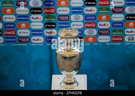 Bucharest, Romania. 25th Apr, 2021. The EURO 2020 soccer tournament trophy is seen during a presentation in Bucharest, Romania, April 25, 2021. The EURO 2020 soccer tournament was postponed to 2021 due to COVID-19 pandemic. Bucharest will host three matches of Group C and one from the round of 16 at the National Arena. Credit: Cristian Cristel/Xinhua/Alamy Live News Stock Photo