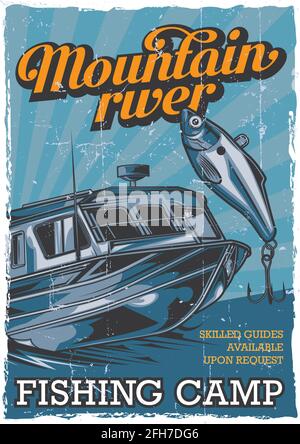 Nautical theme vintage poster design with illustration of fishing boat Stock Vector