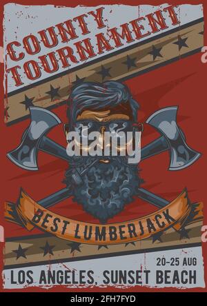 Lumberjackvintage poster design with illustration of bearded man in glasses with two axes Stock Vector