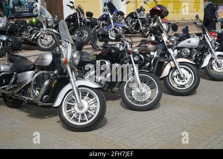 WARSAW, POLAND, APRIL 25, 2021: Classic motorcycles parked on the motorcycles parking lot. Honda Shadow in foreground. Stock Photo