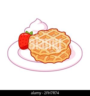 Liege waffle with powdered sugar, whipped cream and strawberries. Traditional Belgian dessert vector illustration. Cartoon clip art drawing. Stock Vector