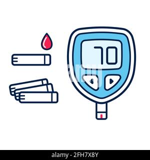 Diabetes glucose meter icon. Simple cartoon glucometer device with test strips and drop of blood. Isolated vector clip art illustration. Stock Vector