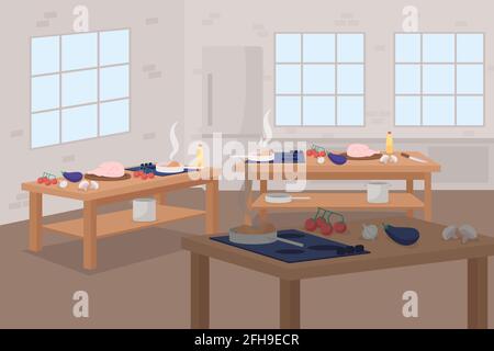 Culinary class flat color vector illustration. Tables with food for cookery course. Prepare meal. Learn to make dinner. Cooking workshop 2D cartoon scene with cafe interior on background Stock Vector