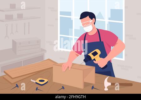 Male carpenter in mask and protective glasses at work flat color vector illustration. Creative craft and hobby. Handyman 2D cartoon character with woodworking studio interior on background Stock Vector