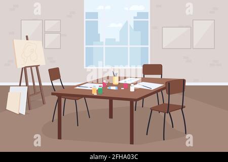 Art classroom flat color vector illustration. Artistic hobby class. Learn painting. Drawings on table. Classroom for workshop 2D cartoon interior with easel, furniture on background Stock Vector