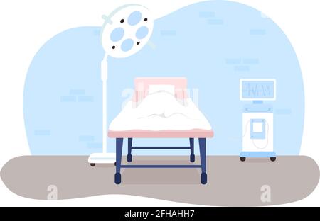 Operating room 2D vector web banner, poster. Health care. Clinical bed, medical treatment. Hospital interior flat scene on cartoon background. Medicine printable patch, colorful web element Stock Vector
