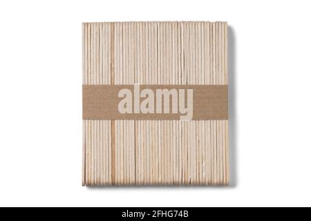 Closeup stack of wooden ice cream stick isolated on white include pen tool path Stock Photo