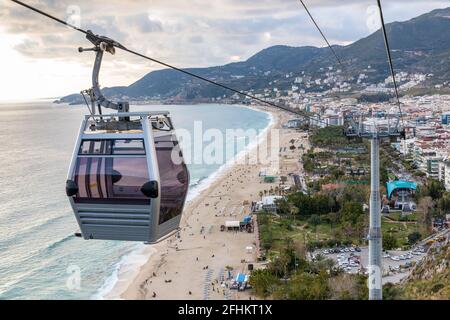 High angle view of the Alanya cable car and Cleopatra Beach in the background in Alanya, Antalya, Turkey on April 3, 2021. Stock Photo