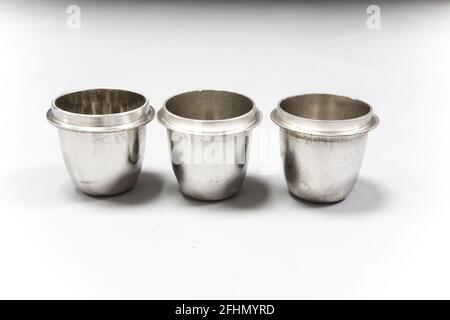 Platinum crucibles used for sample preparation in an analytical chemistry laboratory. Shiny metal lab equipment Stock Photo