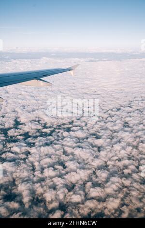 View from the airplane window on white cumulus clouds below Stock Photo