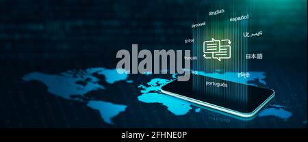 Smartphone with translation symbol, bubble with arrow, and text of top ten internet user languages. Online translator, translator app, language course Stock Photo