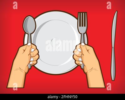 Hands Holding Spoon Fork Knife Diner Restauran Symbol Cartoon Drawing Stock Vector