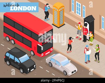 Welcome to london Isometric poster with retro transport and tourists photographed next to royal guard box isometric vector illustration Stock Vector