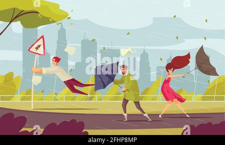 woman walking at stormy weather - funny cartoon illustration Stock ...