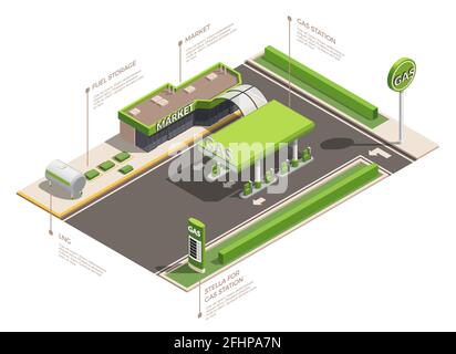 Gas station isometric composition with infographic text captions and outdoor view of gasoline retail station infrastructure vector illustration Stock Vector