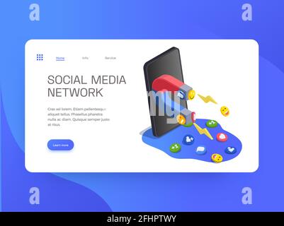 Social network isometric design of web site landing page with images of smartphone magnet and links vector illustration Stock Vector