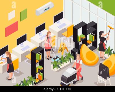 Professional cleaning service team working in college office dusting computer desks bookshelves vacuuming isometric composition vector illustration Stock Vector