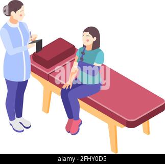 Isometric orthopedics clinic icon of doctor and woman with broken arm in sling 3d vector illustration Stock Vector