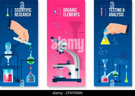 Laboratory scientific research and analysis vertical banners set with microscope and flasks flat isolated vector illustration Stock Vector