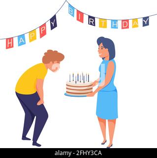Man celebrating his birthday blowing out candles flat isolated vector illustration Stock Vector