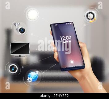 Controlling smart home security camera fire alarm doorbell with smartphone realistic fuzzy living room background vector illustration Stock Vector
