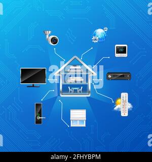 Wireless smart home automation cross section with climate security camera tv remote control system realistic vector illustration Stock Vector