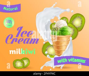 Natural vitamin rich fruit ice cream with kiwi juice slices in milk swirl realistic composition vector illustration Stock Vector