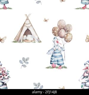 Hand drawn pattern with cute goose and teepee. Baby design fabric, textile on white background Stock Photo