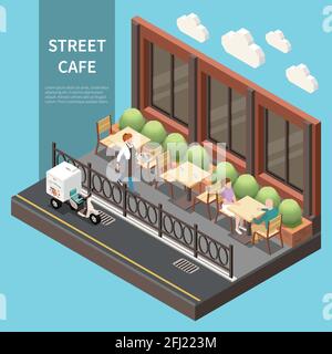 Street cafe terrace isometric colored composition with several tables on the open air veranda vector illustration Stock Vector