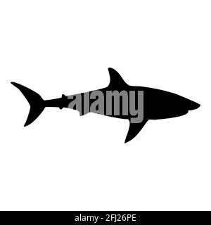 Shark isolated black silhouette. Side view. Marine animal. White background. Vector illustration clipart. Tiger or blue shark. Stock Vector