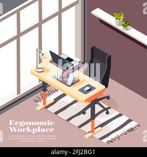 Ergonomic workplace isometric background with desk for laptop and office chairs with casters vector illustration Stock Vector