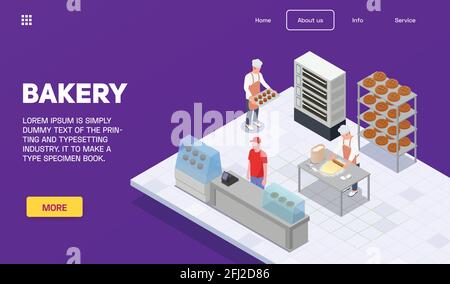 Bakery isometric concept with bakers cashier and shelves with baked bread 3d vector illustration Stock Vector