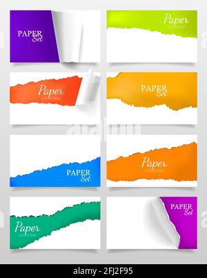 Set of realistic banners with color and white torn paper design isolated vector illustration Stock Vector