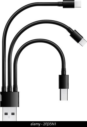 Composition with realistic image of cable adapter with multiple plugs usb types for mobile devices vector illustration Stock Vector