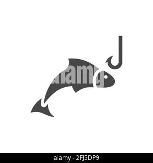 Fish and hook black vector icon. Fishing glyph symbol. Stock Vector
