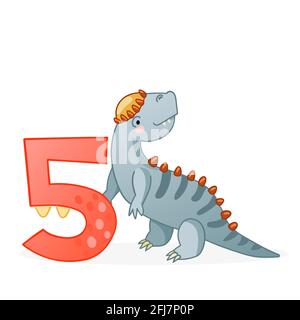 Cute dinosaur cartoon numbers. Number five. Vector elements for designing kids birthday or dino party invitation, greeting card, sticker, banner, logo, icon, poster. Stock Vector