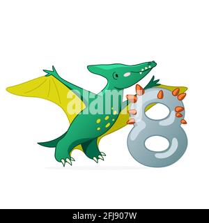 Cute dinosaur cartoon numbers. Number eight. Vector elements for designing kids birthday or dino party invitation, greeting card, sticker, banner, logo, icon, poster. Stock Vector