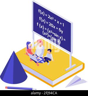 STEM education concept with woman and children doing mathematics isometric vector illustration Stock Vector