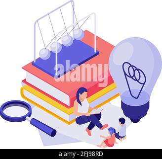 STEM education 3d concept with isometric human characters books light bulb vector illustration Stock Vector
