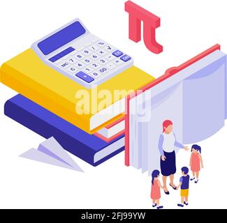 STEM education isometric concept with human characters books calculator vector illustration Stock Vector