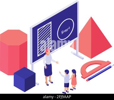 Maths education isometric concept with 3d shapes teacher students vector illustration Stock Vector