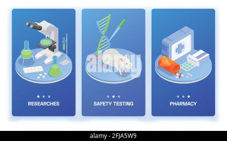 Pharmaceutical production isometric set of three vertical banners with medical products research equipment and lab rat vector illustration Stock Vector