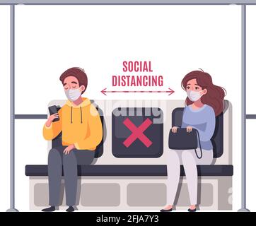 Social distancing cartoon concept with two passengers in masks in metro vector illustration Stock Vector